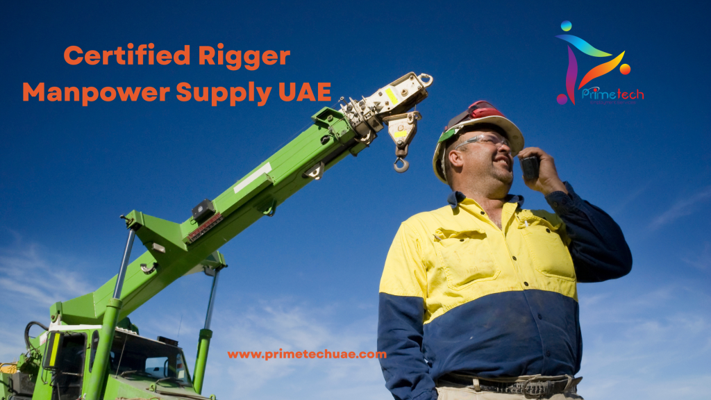 "MOHRE compliant rigger workforce inspecting lifting gears and shackles for construction site safety compliance in Dubai"