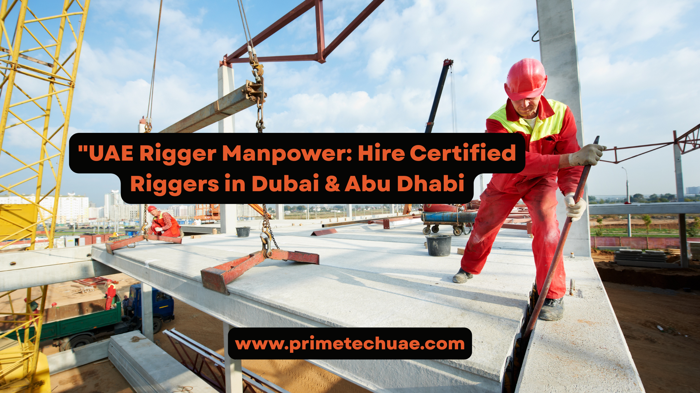 "Certified rigging team managing heavy lifting operations with crane signaling on an industrial site in Abu Dhabi UAE"