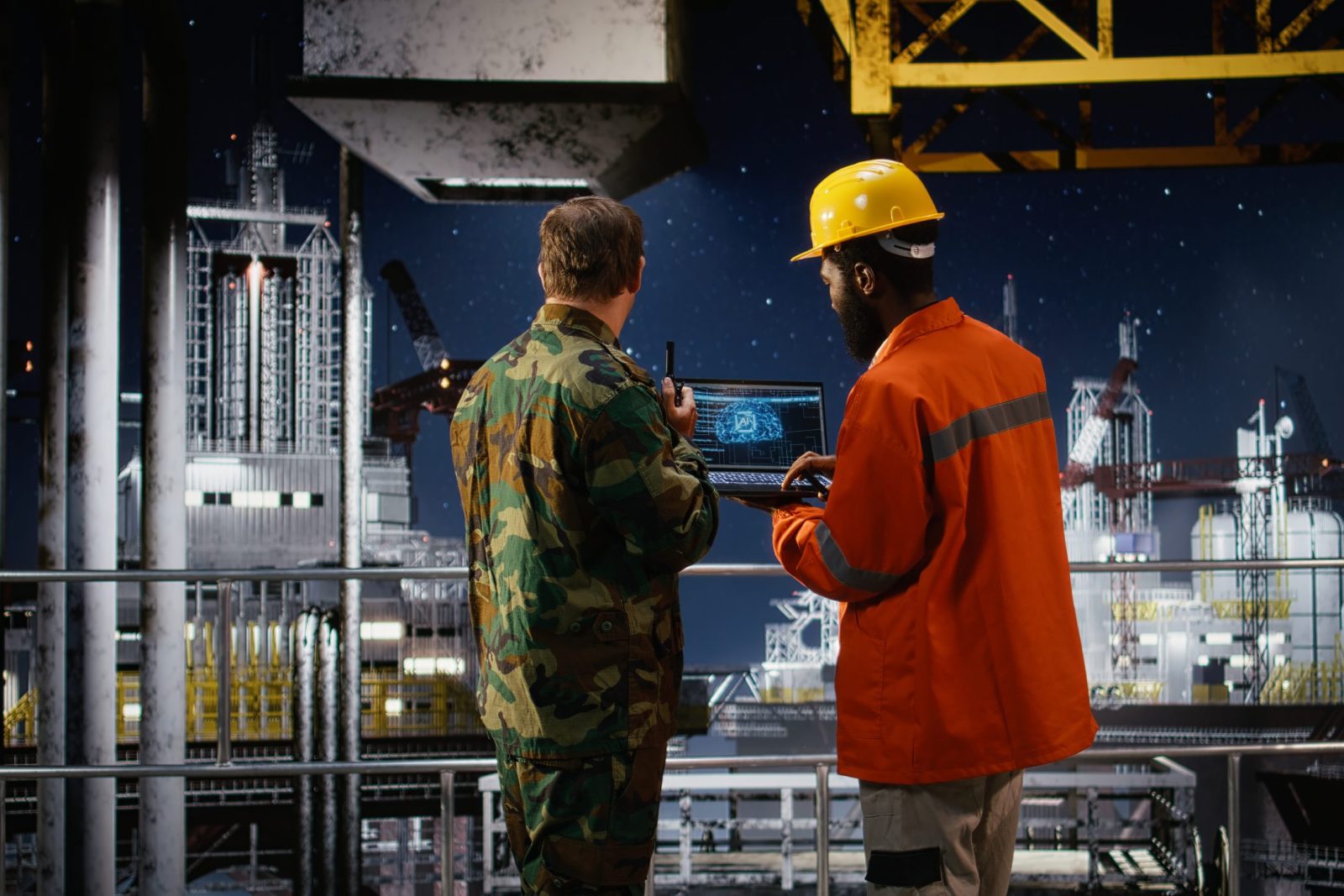 Offshore engineer and naval officer using AI technology on laptop to inspect drilling operations, working with the coastal command post to ensure safe oil extraction activity.